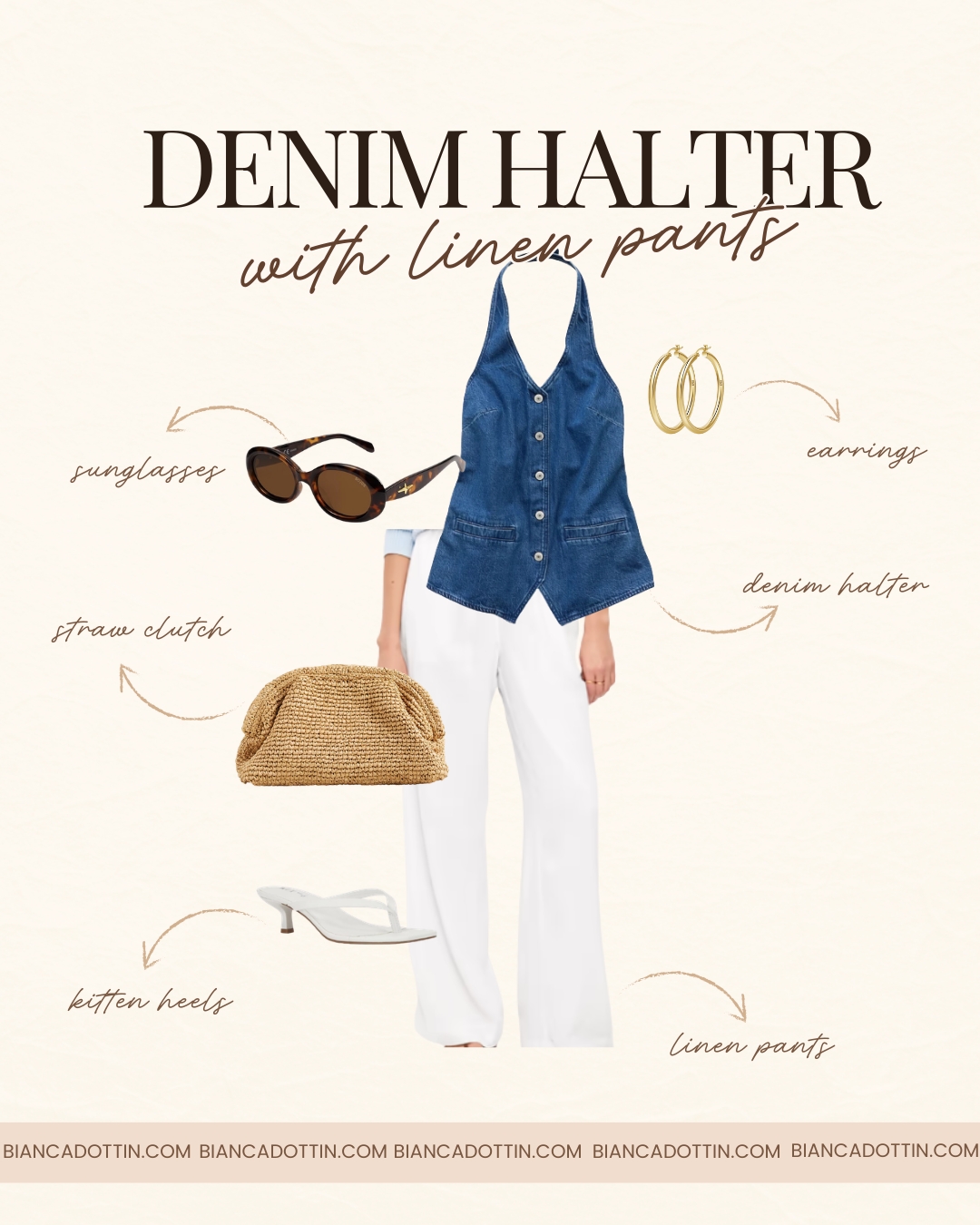 white linen pants with denim halter top